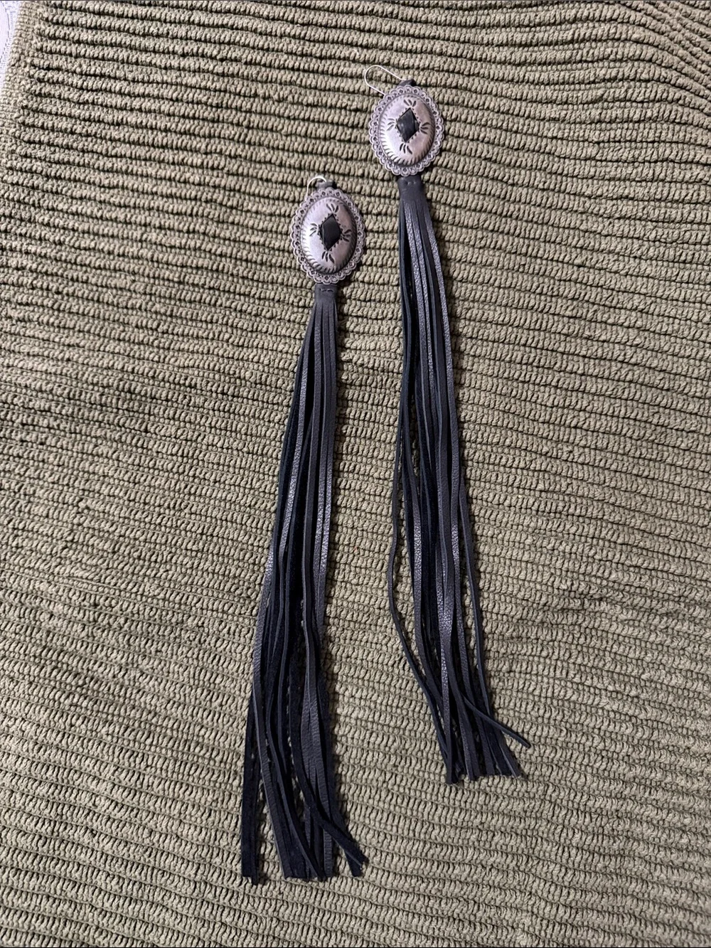 Saddle Tramp Long Black Tassel Earrings with Silver Concho Tops